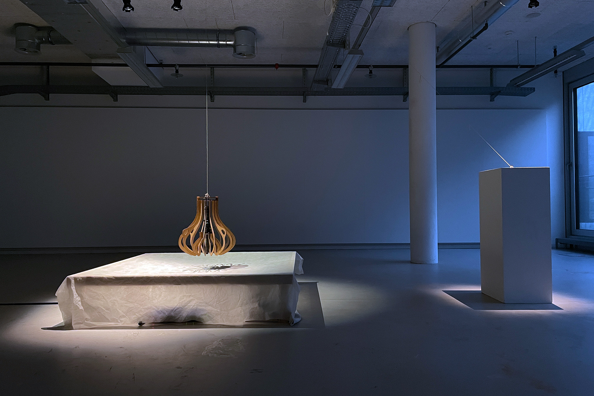 Echoes in Space — the pendulum installation in the darkened exhibition space