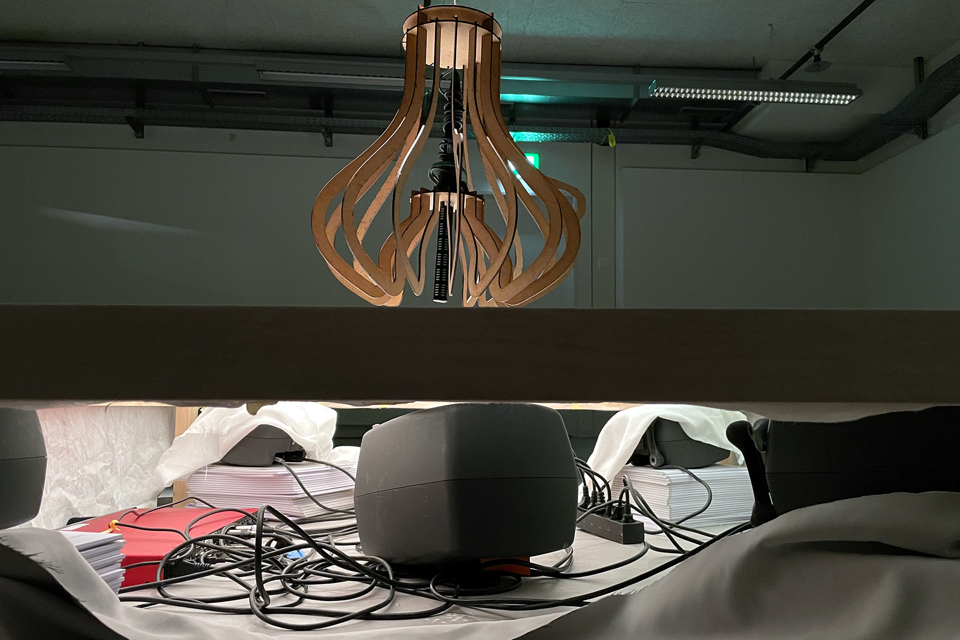 Echoes in Space — the loudspeakers and cabling underneath the table