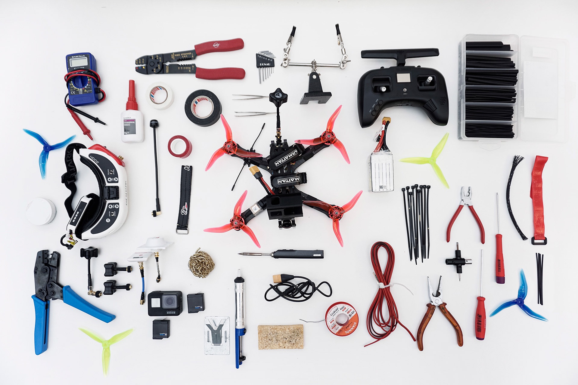 FPV Drone — all components laid out