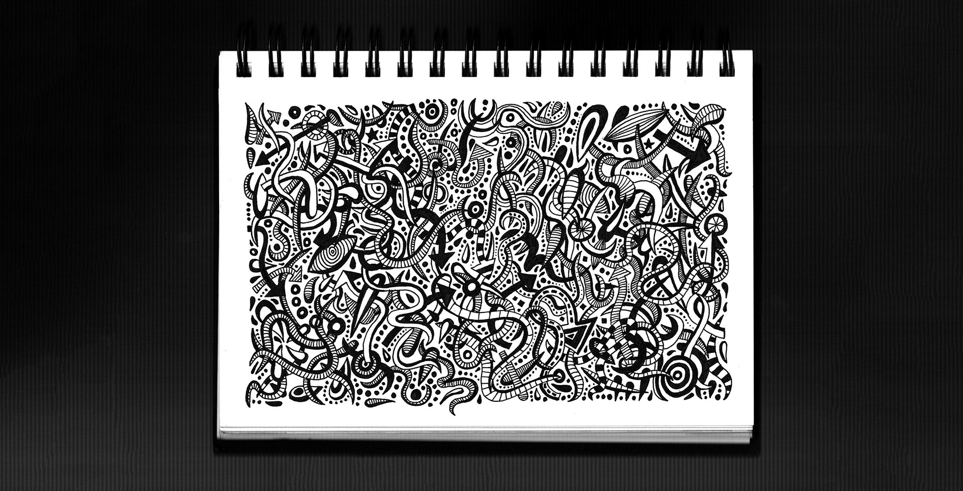 Mindbook — wide abstract ink drawing across a spread