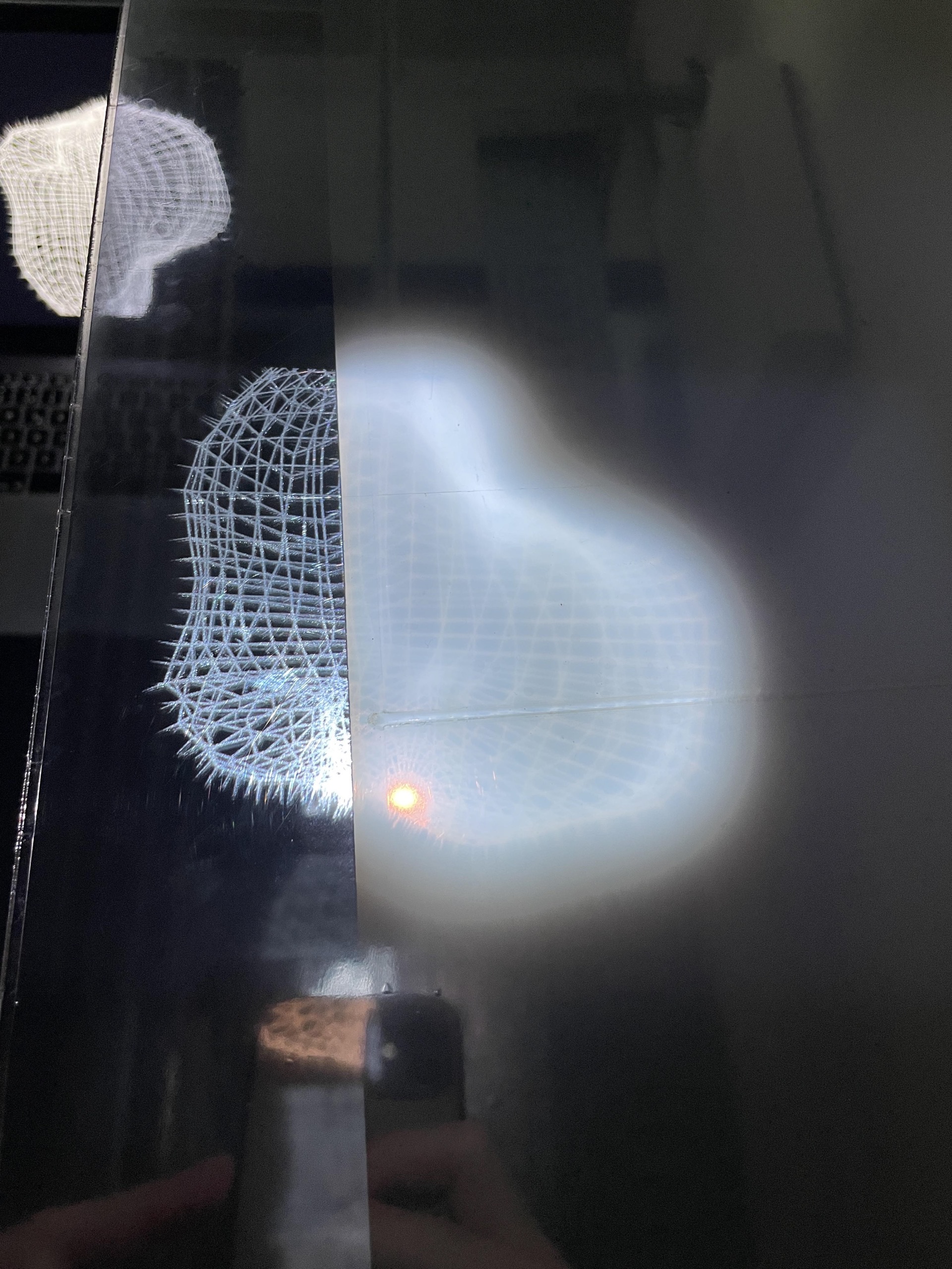 Mirrorilla — close-up of the audio-reactive wireframe gorilla head through the glass