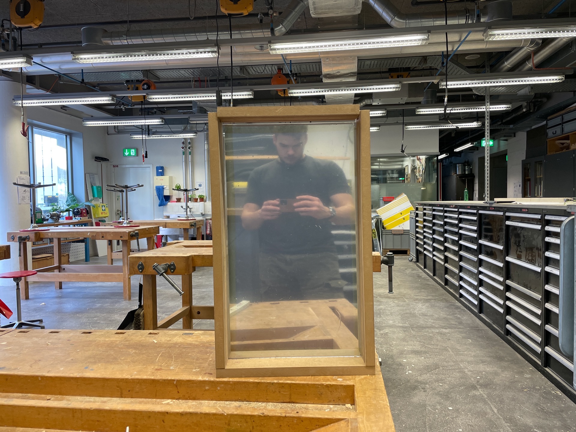 Mirrorilla — the glass mirror frame during construction in the workshop
