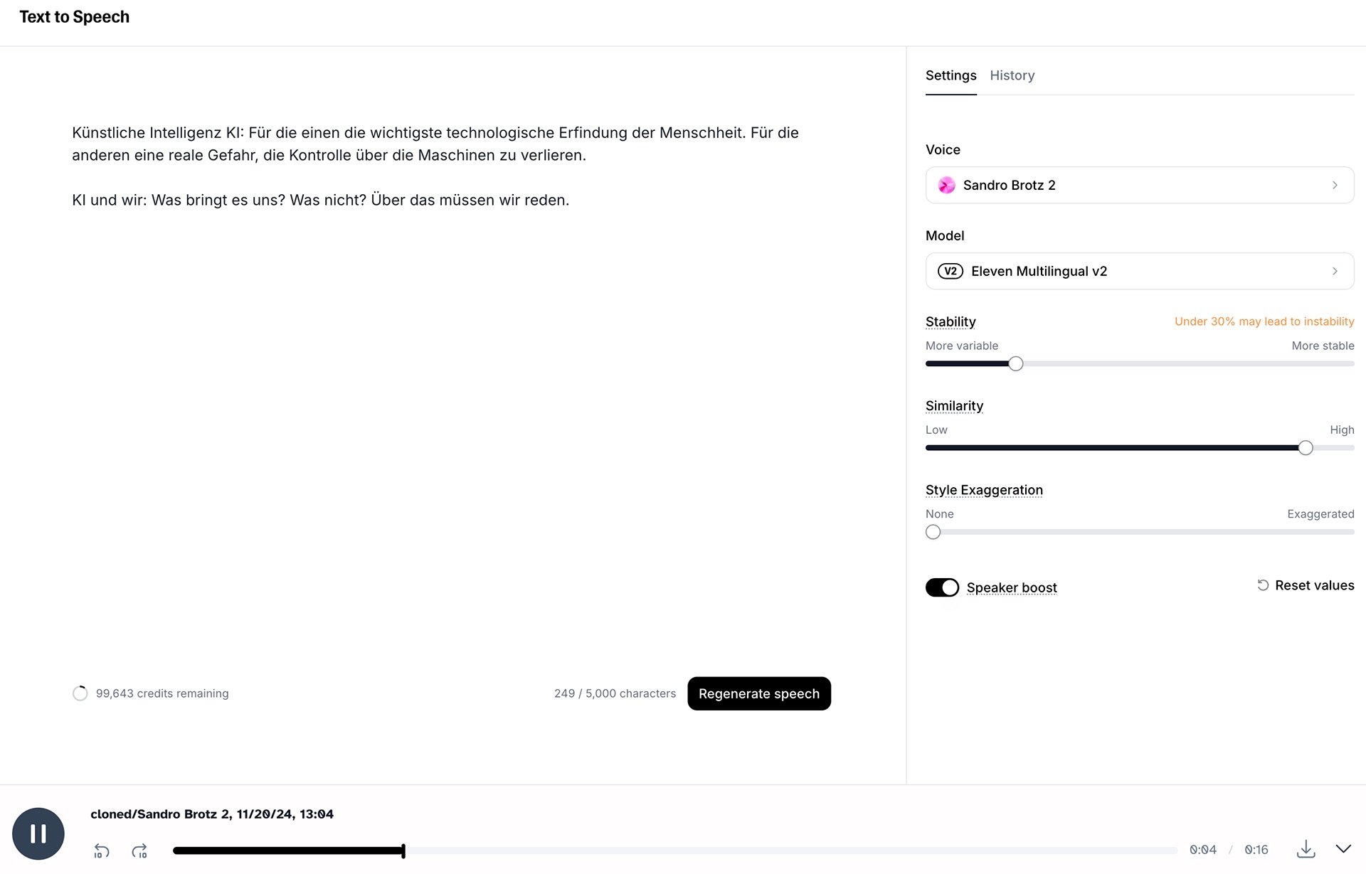 SRF AI Theme Week — ElevenLabs text-to-speech interface cloning the host's voice